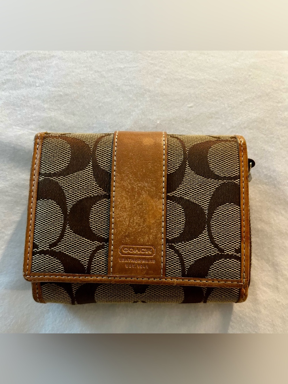 Vintage Coach Brown Signature Canvas Trifold Wallet with Tan Leather Trim